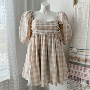 Abercrombie & Fitch Emerson Tan White Gingham Short Puff Sleeves Mini Dress L